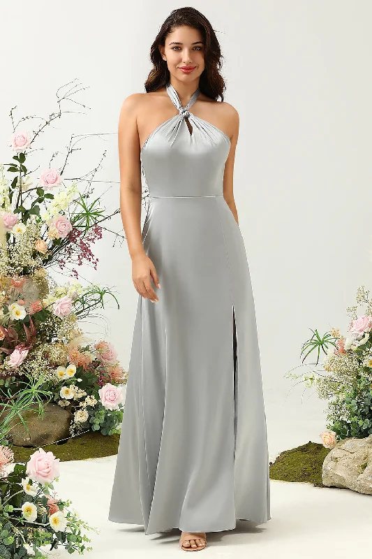 Asymmetric - hem wedding guest dresses in metallic huesSimple Grey Halter Long Bridesmaid Dress with Slit