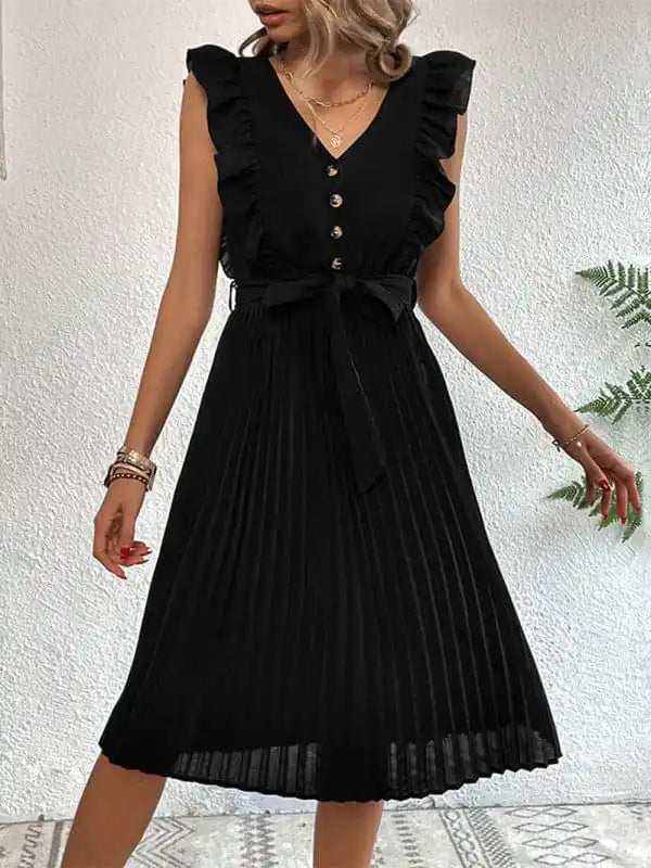 Women’s Solid Color Ruffle Summer Pleated Sleeveless Dress