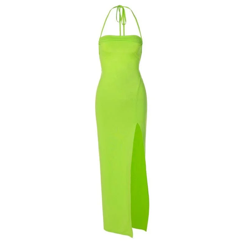 Ruffled cocktail dresses with a knee - length hem for a feminine appealBerryBetty - Sleeveless solid halter slit self tie backless midi dress Ruffled cocktail dresses with a knee - length hem for a feminine appealBerryBetty - Sleeveless solid halter slit self tie backless midi dress