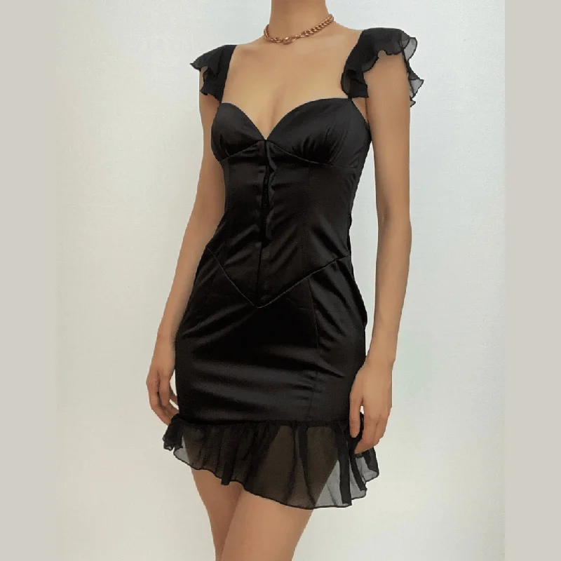 Little black cocktail dresses with lace detailingBerryBetty - Solid ruched cap sleeve ruffle button mini dress Little black cocktail dresses with lace detailingBerryBetty - Solid ruched cap sleeve ruffle button mini dress