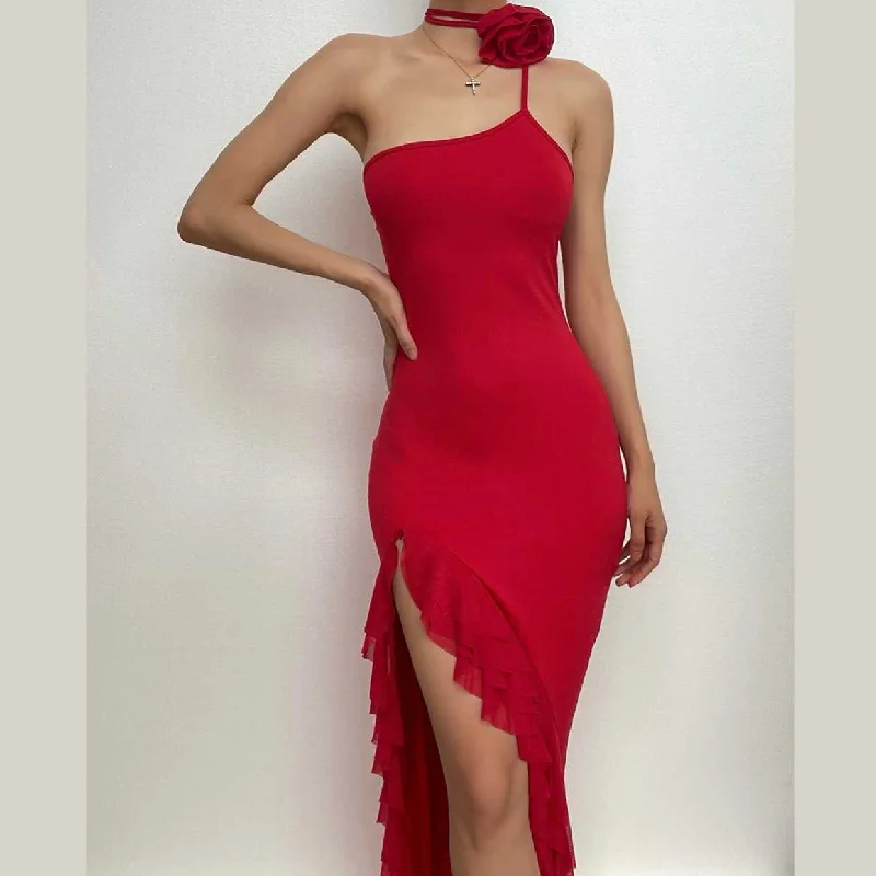 Long - cocktail dresses with a slit and a fitted bodiceBerryBetty - Solid one shoulder irregular ruffle flower applique maxi dress Long - cocktail dresses with a slit and a fitted bodiceBerryBetty - Solid one shoulder irregular ruffle flower applique maxi dress