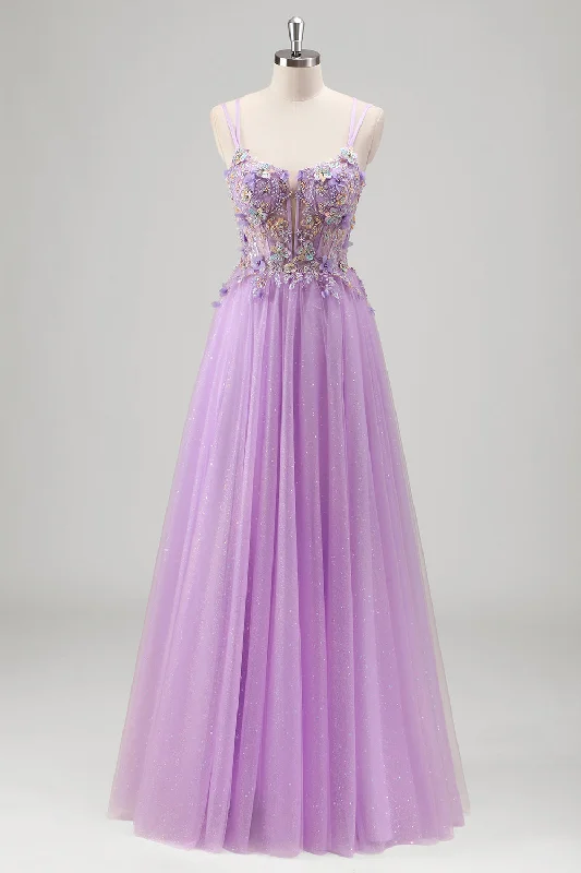 Sparkly Beaded Lilac Floral Appliques Corset Prom Dress