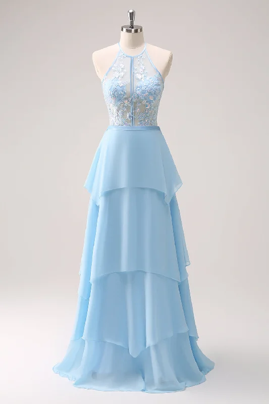 Wedding guest dresses with fringe accents for a bohemian - inspired weddingSparkly Blue Halter Floral Long Bridesmaid Dress with Lace Up Back