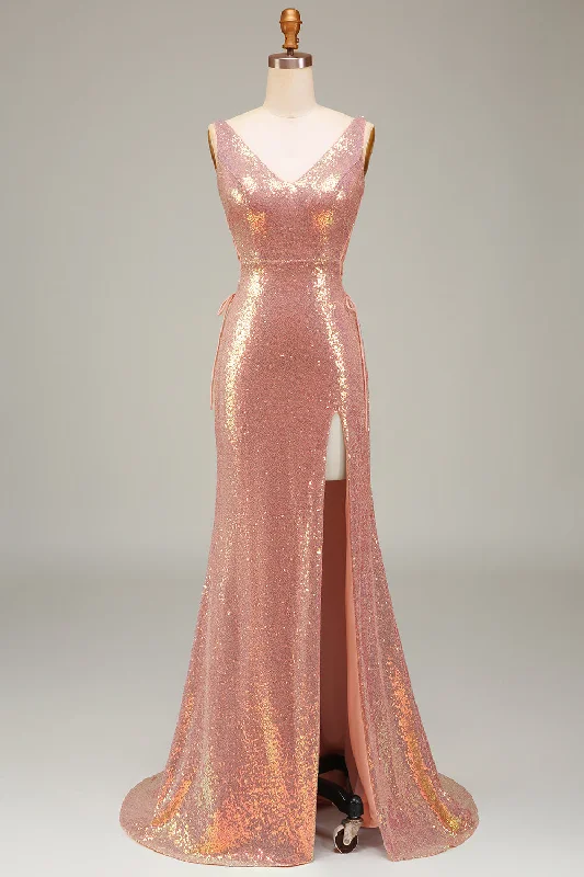 Cocktail dresses with a wrap - front style and a long - length optionSparkly Blush Mermaid Prom Dress with Slit Cocktail dresses with a wrap - front style and a long - length optionSparkly Blush Mermaid Prom Dress with Slit