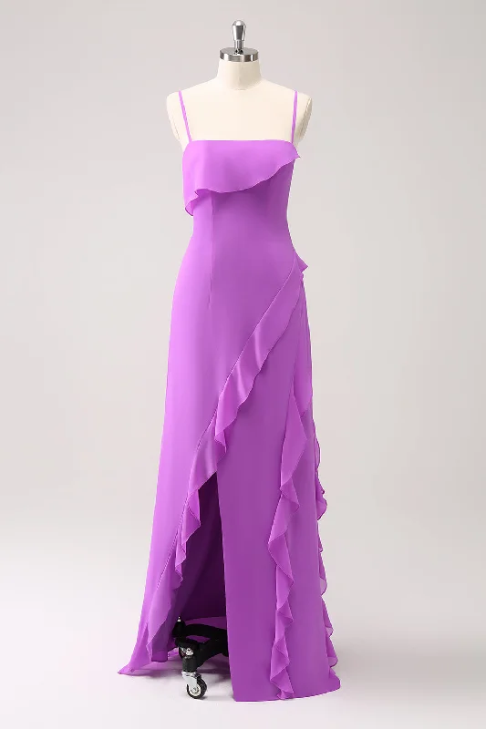A - line cocktail wedding guest dresses in pastel colorsTahiti Ruffle Spaghetti Straps Chiffon Long Bridesmaid Dress with Slit A - line cocktail wedding guest dresses in pastel colorsTahiti Ruffle Spaghetti Straps Chiffon Long Bridesmaid Dress with Slit
