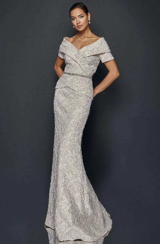 Strapless wedding guest dresses with rhinestone - studded bodicesTerani Couture - 1921M0727 Off-Shoulder V-Neck Mother of the Groom Sheath Gown