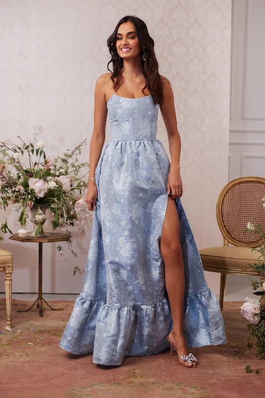 Cotton wedding guest dresses with smocked details for a casual weddingThe Charlotte Dress in Denim Blue Windsor