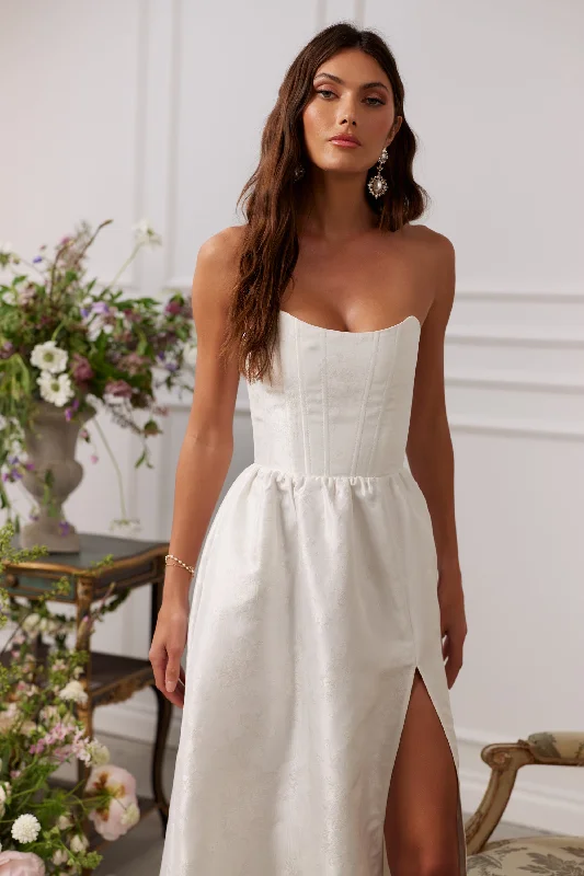 Satin wedding guest dresses with side slits for a sexy touchThe Charlotte Dress in White Windsor Brocade