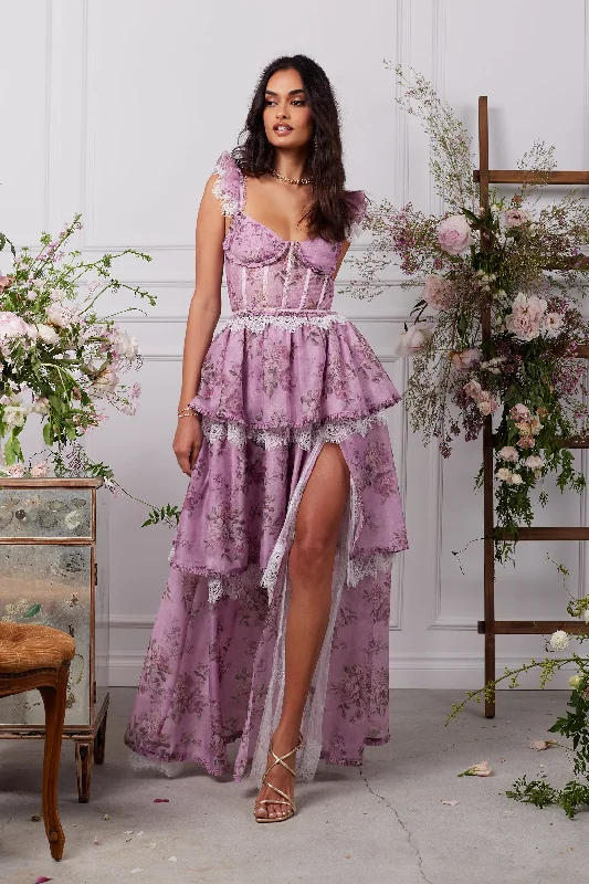 Sleeveless wedding guest dresses with ruffled hemsThe Jolie Dress in Lilac Tapestry Rose