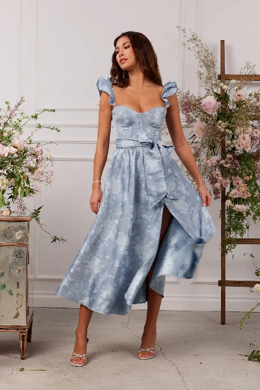 Maxi wedding guest dresses with floral prints for summer weddingsThe Vera Dress in Denim Blue Windsor Maxi wedding guest dresses with floral prints for summer weddingsThe Vera Dress in Denim Blue Windsor