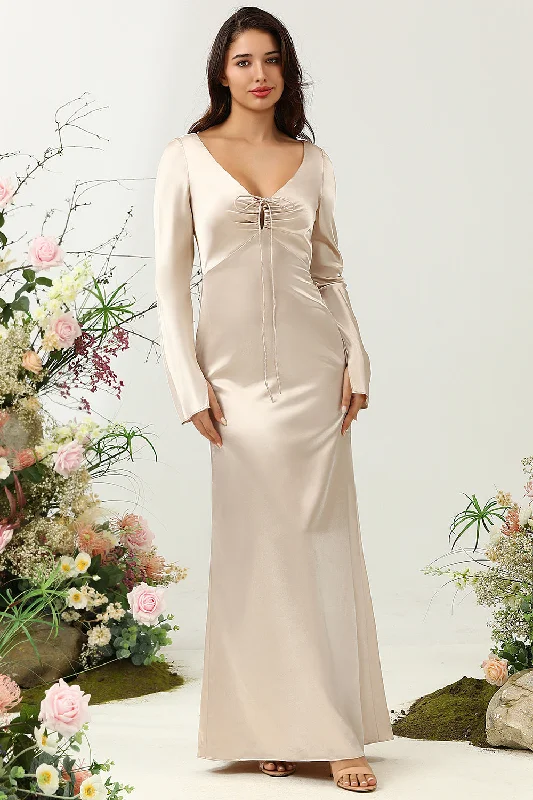 Ruffled - sleeve wedding guest dresses in light blue for a spring weddingV-Neck Champagne Long Bridesmaid Dress with Sleeves