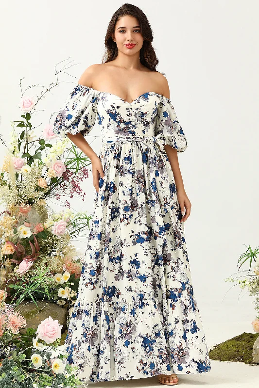 Sleeveless wedding guest dresses with pleated bodicesWhite Blue Flower Boho Bridesmaid Dress