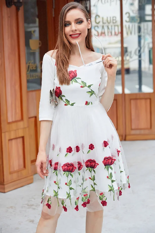 White V Neck Vintage Dress with Rose Embroidery