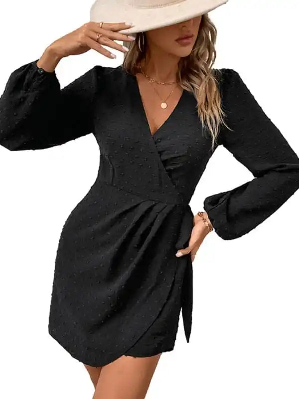 Women’s Black Elegant Jacquard Long Sleeve Dress