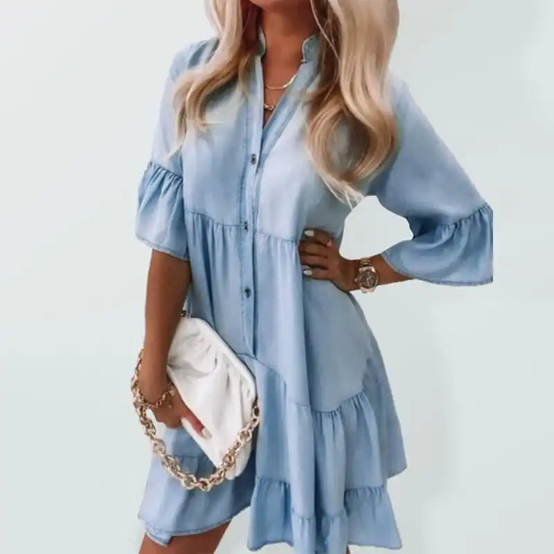 Women’s Chiffon Denim Button Front Shirtdress