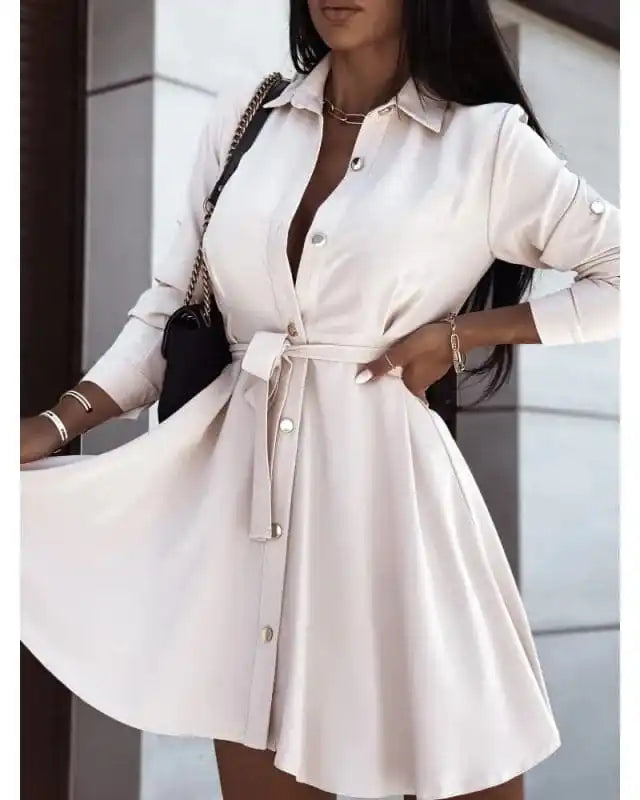 Women’s Solid Color Button Down Belted Mini Shirt Dress