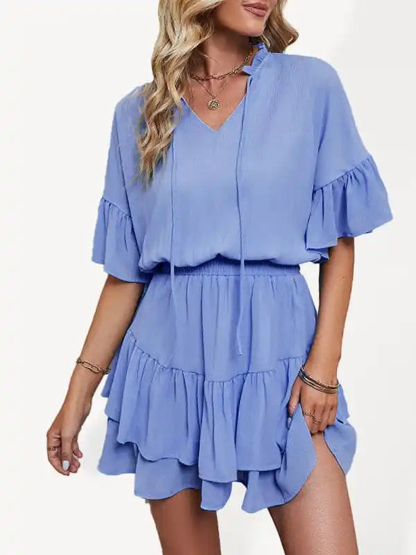 Women’s Solid Color Flutter Ruffle Sleeve Tie Neck Minidress