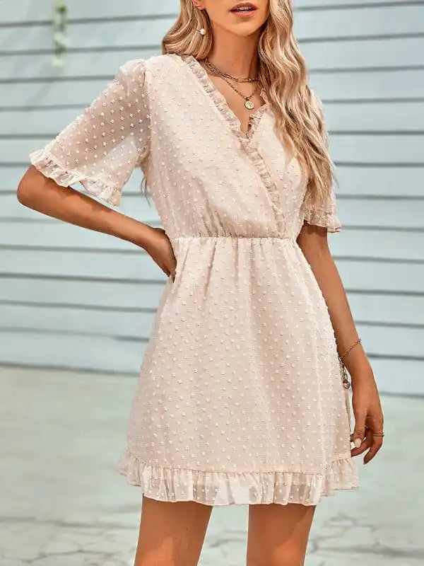 Women’s Solid Color Ruffle Clip Dot Ruffle Sleeve Mini Faux Wrap Dress