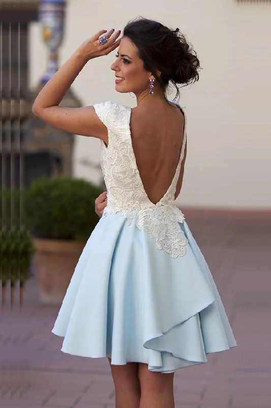 Empire - waist party dresses to accentuate the waistlineBateau Knee-Length Light Blue Chiffon Homecoming Dress with Appliques PG116 Empire - waist party dresses to accentuate the waistlineBateau Knee-Length Light Blue Chiffon Homecoming Dress with Appliques PG116