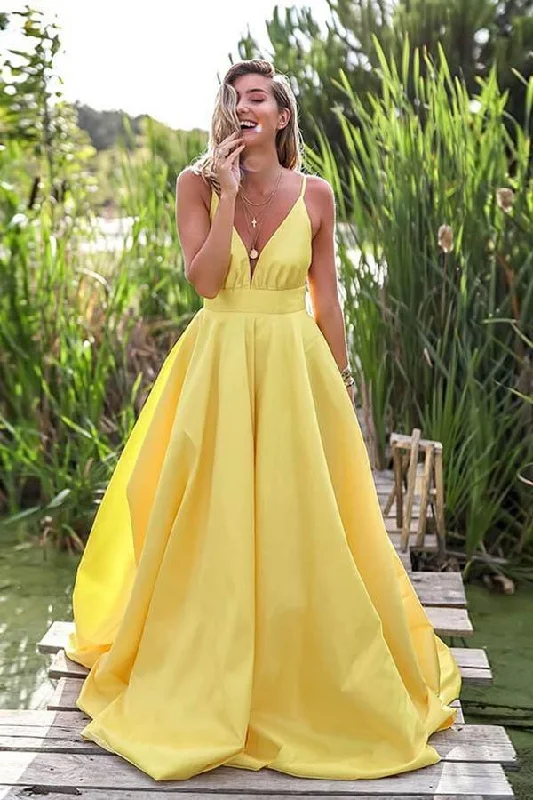 Party dresses with a paisley pattern for a bohemian - inspired lookA Line Deep V Neck Backless Sweep Train Yellow Prom Dress PSK144 Party dresses with a paisley pattern for a bohemian - inspired lookA Line Deep V Neck Backless Sweep Train Yellow Prom Dress PSK144