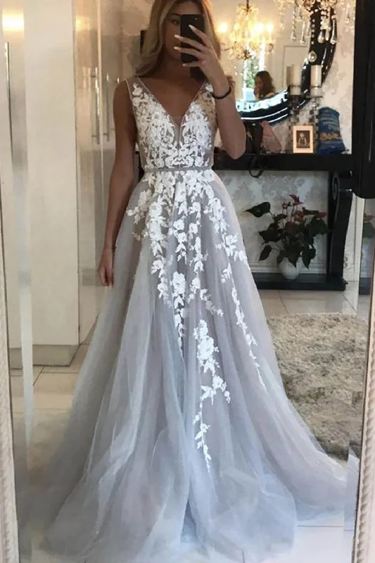 Evening party dresses with a long train for a dramatic entranceA-Line Deep V-Neck Tulle Grey Long Prom Dress with Appliques Evening party dresses with a long train for a dramatic entranceA-Line Deep V-Neck Tulle Grey Long Prom Dress with Appliques