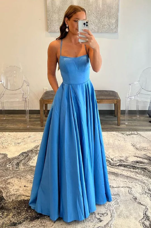 Ball gown party dresses with a full skirt for a princess - like lookA-Line Halter Backless Satin Blue Long Prom Dress with Pockets Ball gown party dresses with a full skirt for a princess - like lookA-Line Halter Backless Satin Blue Long Prom Dress with Pockets