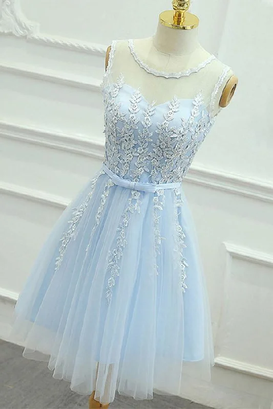 Party dresses with a geometric pattern for a contemporary lookA-Line Jewel Short Blue Tulle Homecoming Dress with Sash Appliques PG121 Party dresses with a geometric pattern for a contemporary lookA-Line Jewel Short Blue Tulle Homecoming Dress with Sash Appliques PG121