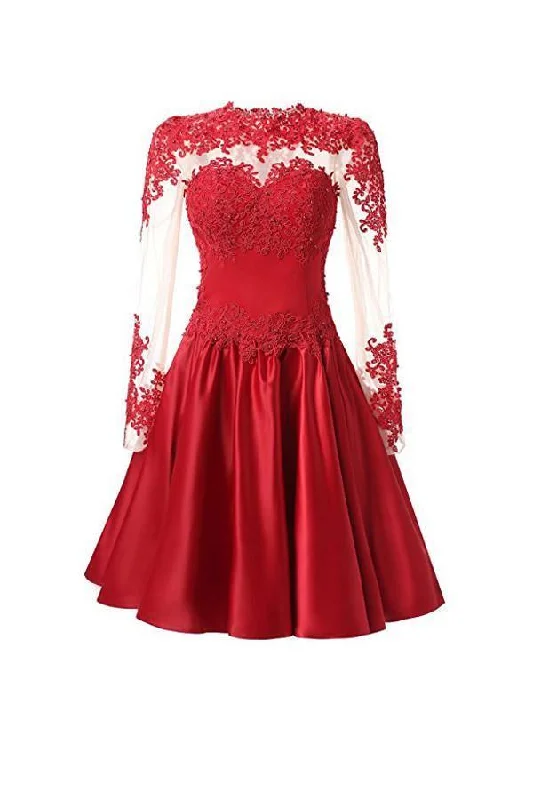 Party dresses with a sheer panel for a hint of allureA Line Long Sleeves With Applique Homecoming Dresses PG088 Party dresses with a sheer panel for a hint of allureA Line Long Sleeves With Applique Homecoming Dresses PG088