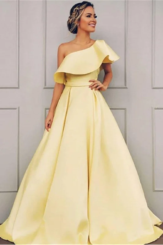 Party dresses with a leatherette material for a tough and stylish appearanceA-Line One-Shoulder Long Satin Prom Dress Party Dress with Ruffles PSK138 Party dresses with a leatherette material for a tough and stylish appearanceA-Line One-Shoulder Long Satin Prom Dress Party Dress with Ruffles PSK138