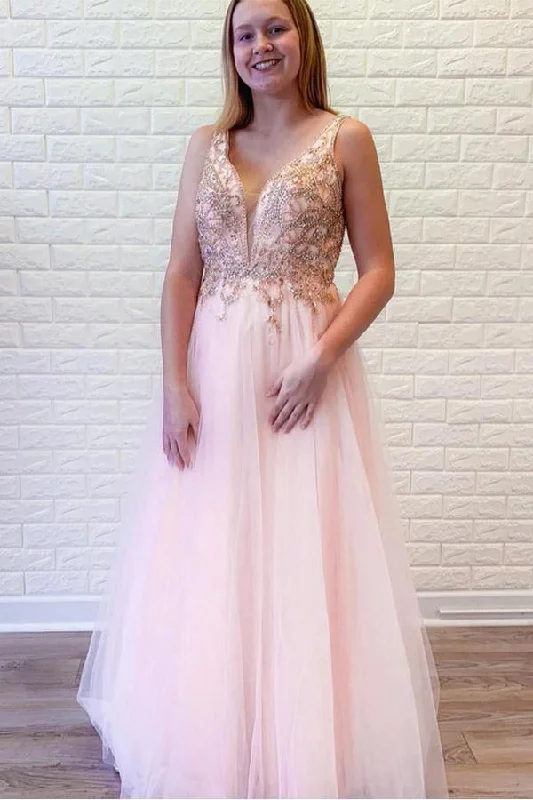 Party dresses with a polka - dot pattern for a classic and playful styleA-Line Pink Tulle V-neck Backless Beading Crystal Prom/Formal Dress PSK151 Party dresses with a polka - dot pattern for a classic and playful styleA-Line Pink Tulle V-neck Backless Beading Crystal Prom/Formal Dress PSK151