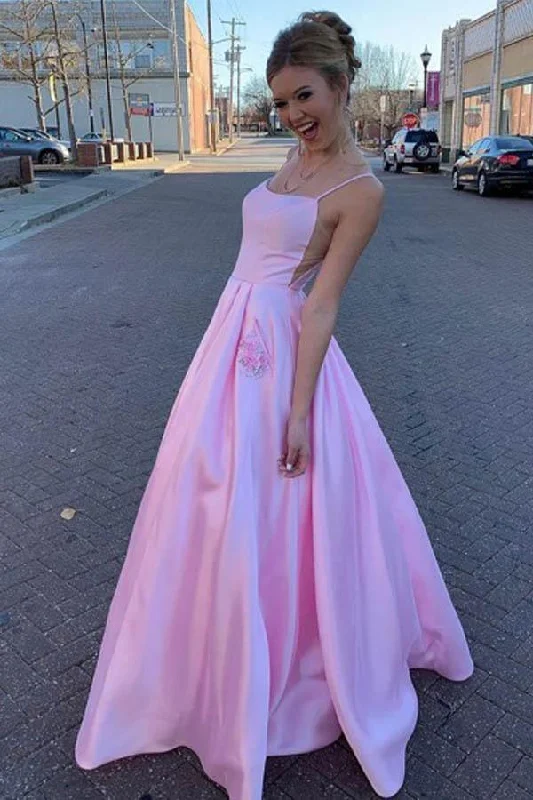 Party dresses with a paisley pattern for a bohemian - inspired lookA Line Satin Floor Length Pink Prom Dress With Pockets PSK133 Party dresses with a paisley pattern for a bohemian - inspired lookA Line Satin Floor Length Pink Prom Dress With Pockets PSK133
