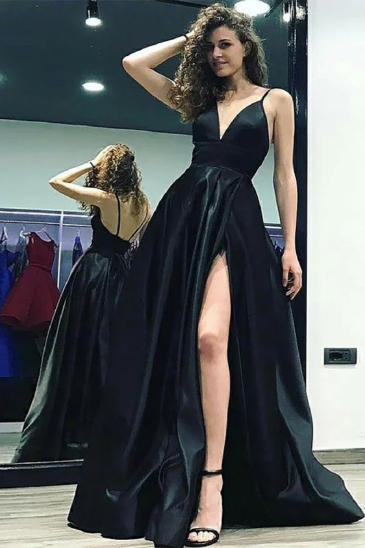 Party dresses with a V - neck design to enhance the neckline​A-Line Spaghetti Straps Black Satin Long Prom Dress with Slit