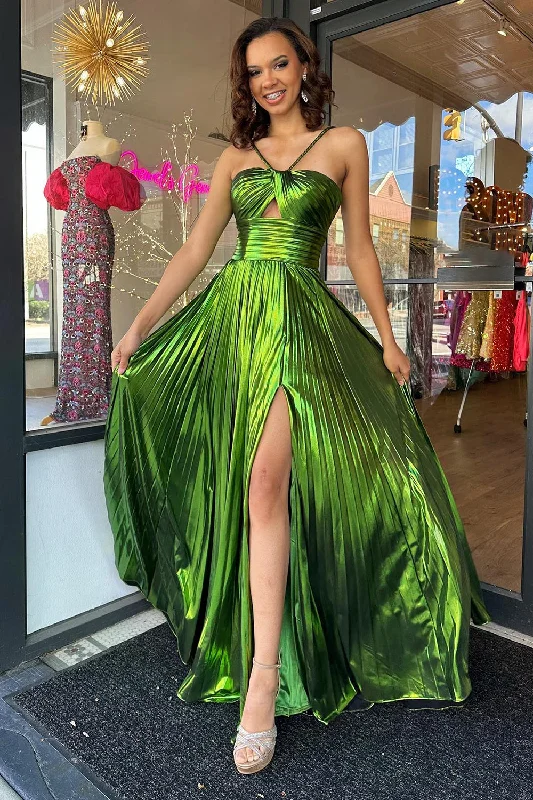 Prom dresses with one - shoulder designs and feather accents for a bold statementA-Line Spaghetti Straps Pleated Green Prom Dress with Slit Prom dresses with one - shoulder designs and feather accents for a bold statementA-Line Spaghetti Straps Pleated Green Prom Dress with Slit