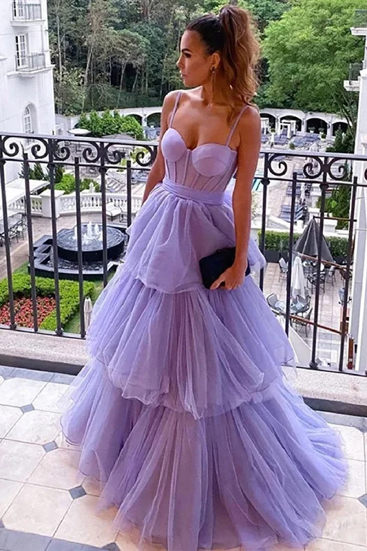Party dresses with a handkerchief hem for a unique and flowing style​Tiered Spaghetti Straps Purple Corset Long Prom Dress
