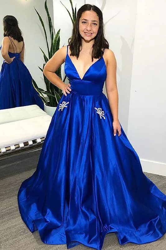 Midi - length party dresses for a modest and fashionable choice​A-Line Spaghetti Straps Royal Blue Satin Long Prom Dress with Pockets