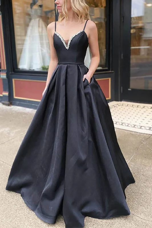 Beach party dresses made of lightweight and breathable fabricA-Line Spaghetti Straps Satin Black Long Prom Dress with Pockets Beach party dresses made of lightweight and breathable fabricA-Line Spaghetti Straps Satin Black Long Prom Dress with Pockets