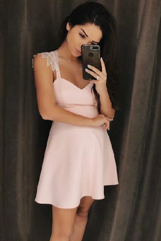 Beach party dresses made of lightweight and breathable fabricA-Line Spaghetti Straps Short Pink Satin Homecoming Dress with Lace PD018 Beach party dresses made of lightweight and breathable fabricA-Line Spaghetti Straps Short Pink Satin Homecoming Dress with Lace PD018
