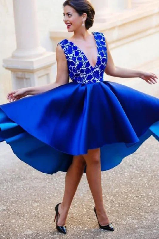 Party dresses with a fringed detail for a fun and dynamic styleA-Line V-Neck Backless Short Royal Blue Satin Homecoming Dress with Lace PG158 Party dresses with a fringed detail for a fun and dynamic styleA-Line V-Neck Backless Short Royal Blue Satin Homecoming Dress with Lace PG158