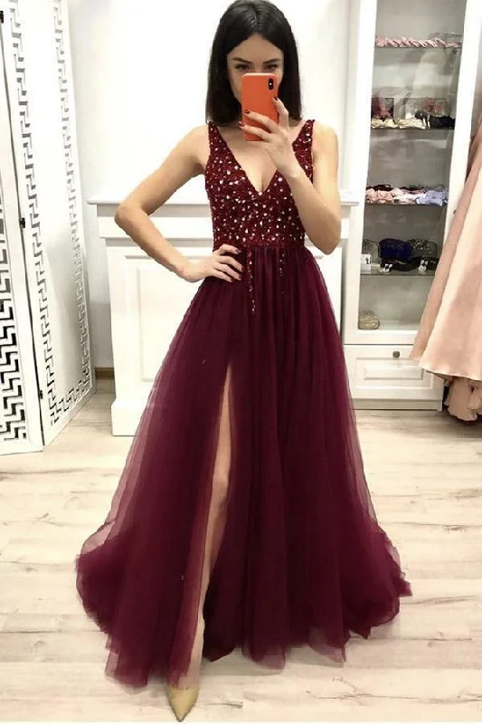 Party dresses with a handkerchief hem for a unique and flowing styleA Line V Neck Burgundy Prom Dresses Beaded Split Evening Dresses PSK140 Party dresses with a handkerchief hem for a unique and flowing styleA Line V Neck Burgundy Prom Dresses Beaded Split Evening Dresses PSK140