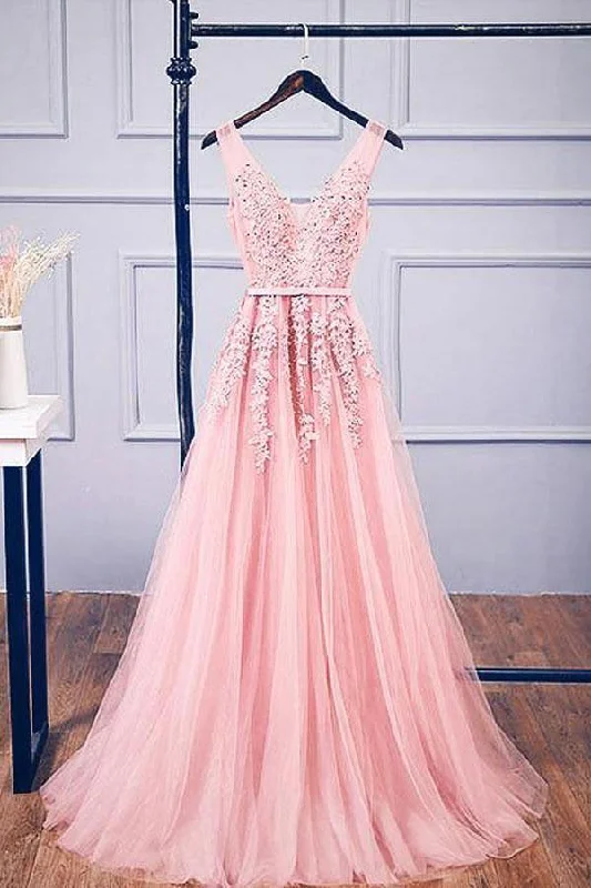 Sparkly sequined party dresses for a glamorous lookA-line V Neck Pink Tulle Lace Applique Long Prom Dress Evening Dress PSK127 Sparkly sequined party dresses for a glamorous lookA-line V Neck Pink Tulle Lace Applique Long Prom Dress Evening Dress PSK127