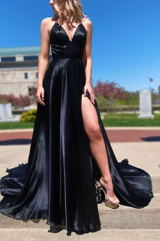 Party dresses with a sheer panel for a hint of allureA-Line V-Neck Satin Black Long Prom Dress with Slit Party dresses with a sheer panel for a hint of allureA-Line V-Neck Satin Black Long Prom Dress with Slit
