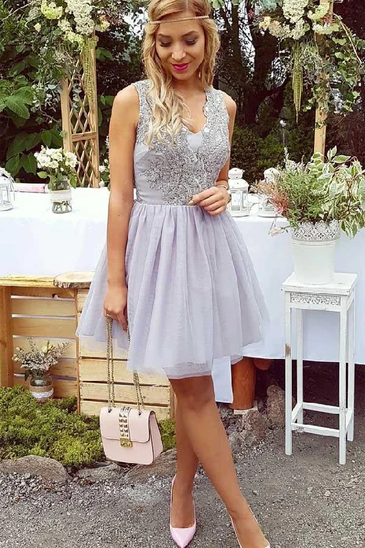 Party dresses with a cut - out design for a daring and edgy styleA-Line V-Neck Short Lilac Tulle Homecoming Dress with Lace PG194 Party dresses with a cut - out design for a daring and edgy styleA-Line V-Neck Short Lilac Tulle Homecoming Dress with Lace PG194
