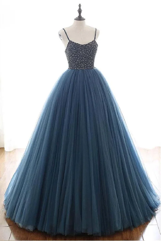 Party dresses with a peplum waist for a feminine and flattering silhouette​Ball Gown Deep Blue Tulle Prom Dress Evening Dress With Beading PSK143