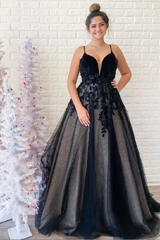 Party dresses with a polka - dot pattern for a classic and playful styleV Neck Backless Tulle Black Prom Dress With Applique PSK141 Party dresses with a polka - dot pattern for a classic and playful styleV Neck Backless Tulle Black Prom Dress With Applique PSK141