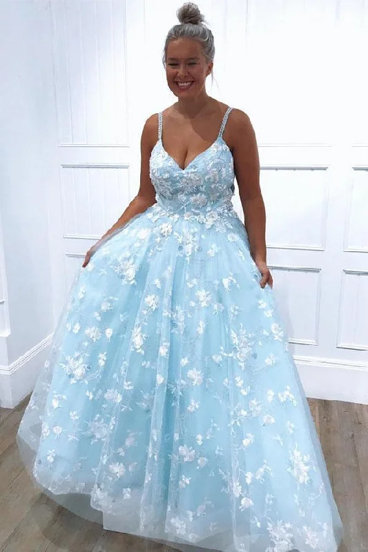 Blue Exquistie Lace Appliques Tulle A-Line Long Prom/Evening Dress  PSK022