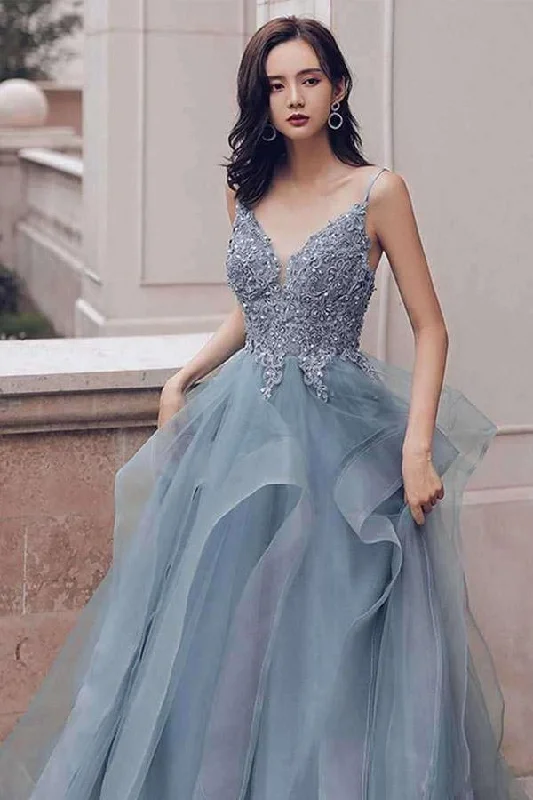 Blue Gray Lace V Neck Long Ruffles Prom Dress Organza Evening Dress  PSK016