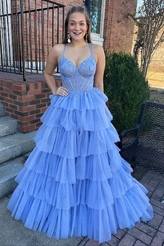 Prom dresses with side - slit skirts and beaded fringes for a glamorous appearanceBlue Tulle Tiered Princess Corset Prom Dress with Appliques Prom dresses with side - slit skirts and beaded fringes for a glamorous appearanceBlue Tulle Tiered Princess Corset Prom Dress with Appliques