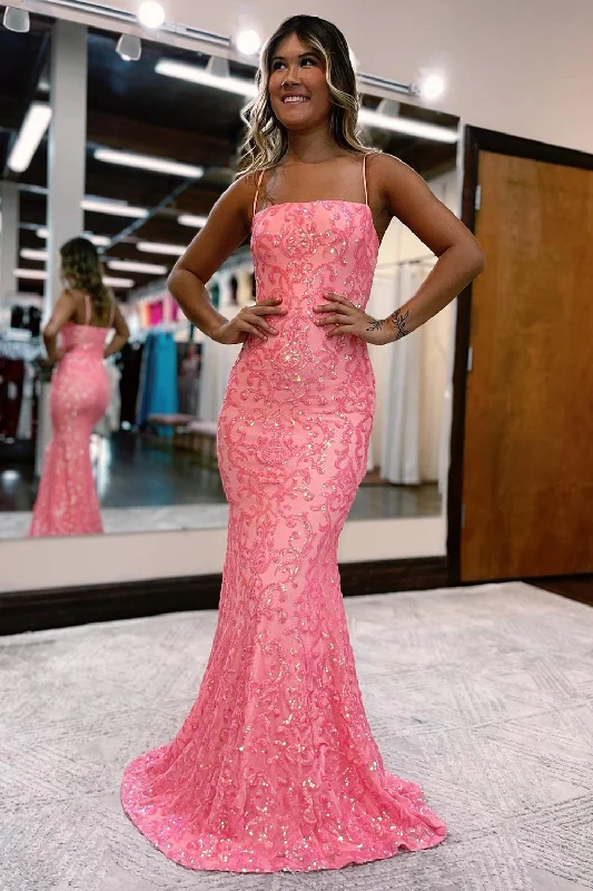 Satin party dresses with a smooth and lustrous finishBlush Spaghetti Straps Sequins Mermaid Prom Dress Satin party dresses with a smooth and lustrous finishBlush Spaghetti Straps Sequins Mermaid Prom Dress