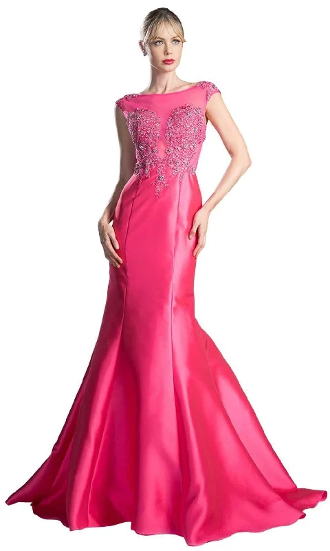 Cinderella Divine - 8984A Cap Sleeve Appliqued Plunging Illusion Gown