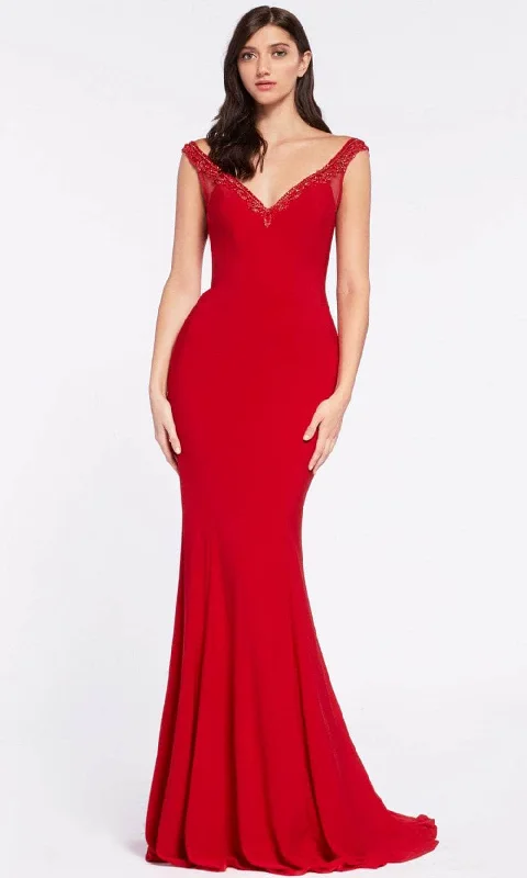 Prom dresses with one - shoulder designs and feather accents for a bold statementCinderella Divine RV712 - Beaded Sheath Evening Dress
